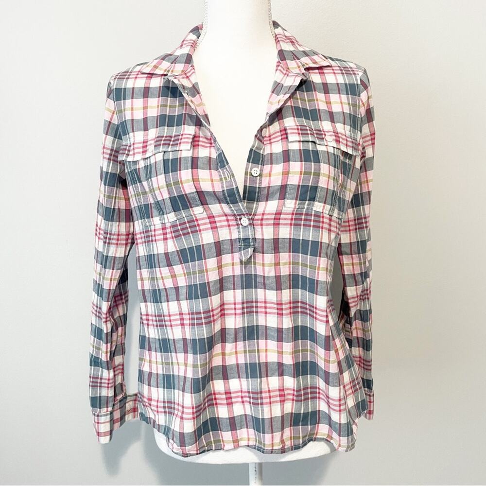 Madewell pink plaid half button collard top size small cottonpp